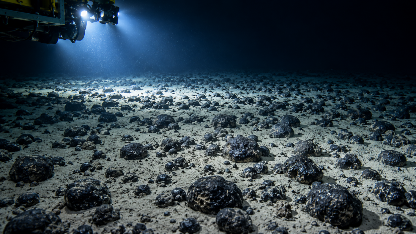 Champ de nodules polymétalliques sombres posés sur un sédiment gris clair, éclairé par le faisceau froid d’un engin sous-marin.