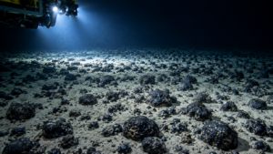 Champ de nodules polymétalliques sombres posés sur un sédiment gris clair, éclairé par le faisceau froid d’un engin sous-marin.