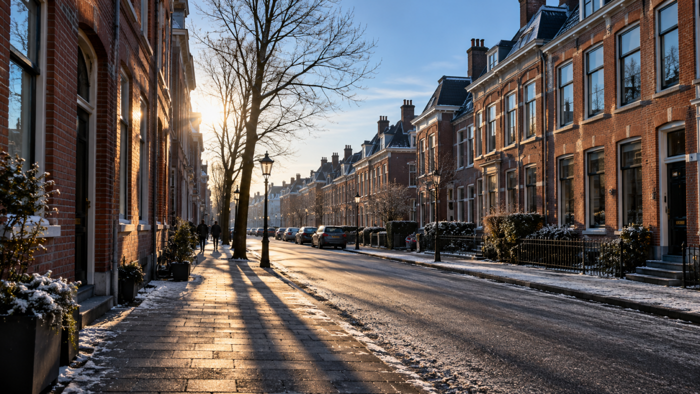 Une rue de ville du Nord à midi en hiver, soleil bas et longues ombres sur les façades de brique