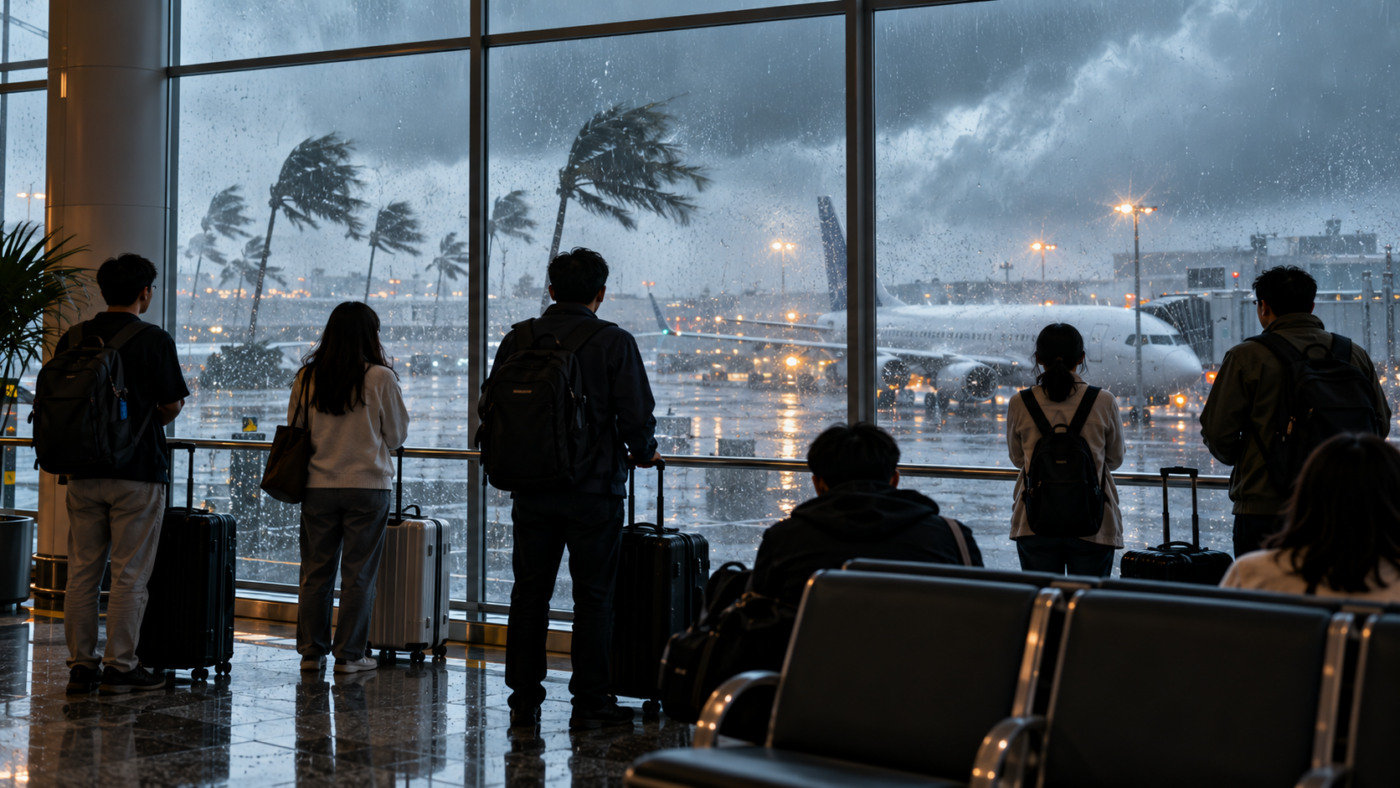 Hall de départ d’un aéroport asiatique sous une pluie de typhon, voyageurs de dos attendant avec leurs valises devant les baies vitrées