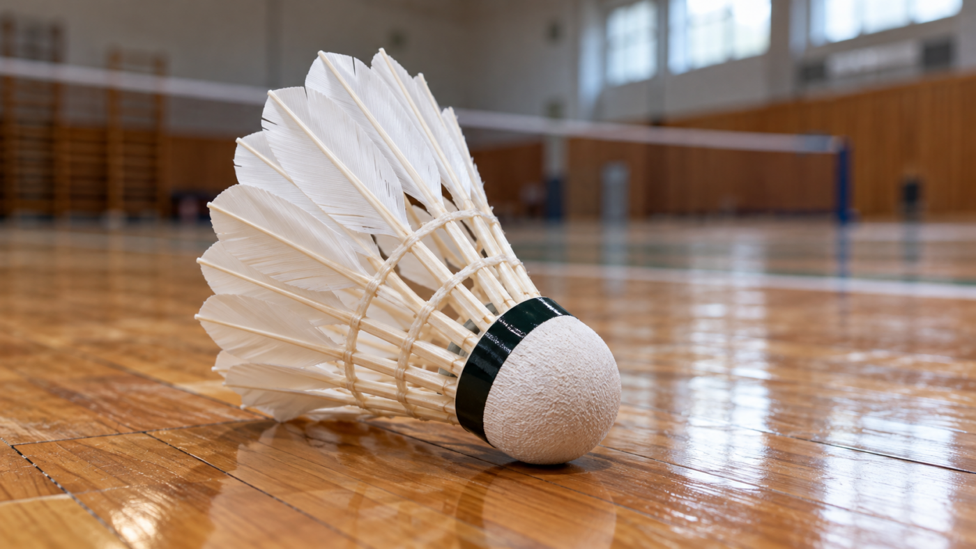 Gros plan sur un volant de badminton en plumes blanches posé sur le parquet d’un gymnase