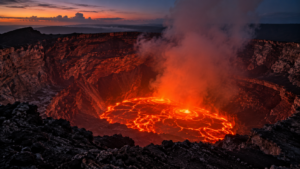 Lac de lave rougeoyant au fond d’un cratère volcanique, sous un panache de gaz, à la tombée de la nuit