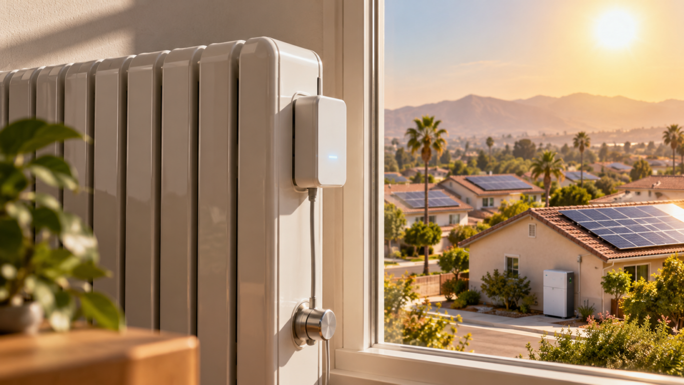 Un radiateur électrique équipé d'un petit module connecté, avec en arrière-plan des maisons à panneaux solaires sous un ciel de canicule