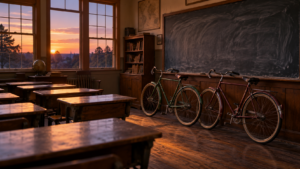 Salle de cours des années 1950 au crépuscule, deux vélos appuyés près d’un tableau noir effacé.