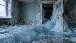 Appartement soviétique abandonné dont le sol et une porte sont pris dans une coulée de glace bleutée