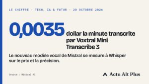 Un micro de studio posé devant un ordinateur portable où une onde sonore se transforme en lignes de texte