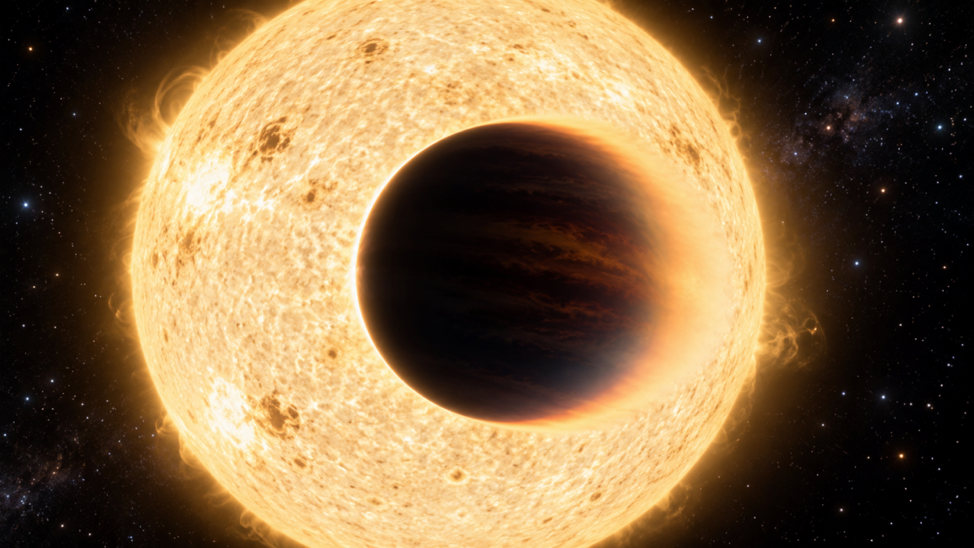 Une planète géante en silhouette devant son étoile, entourée d’un mince anneau d’atmosphère plus épais d’un côté