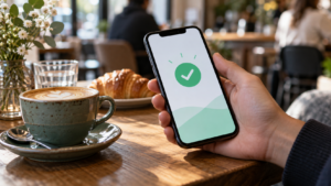 Une main tient un smartphone affichant la confirmation d’un virement instantané, sur une table de café