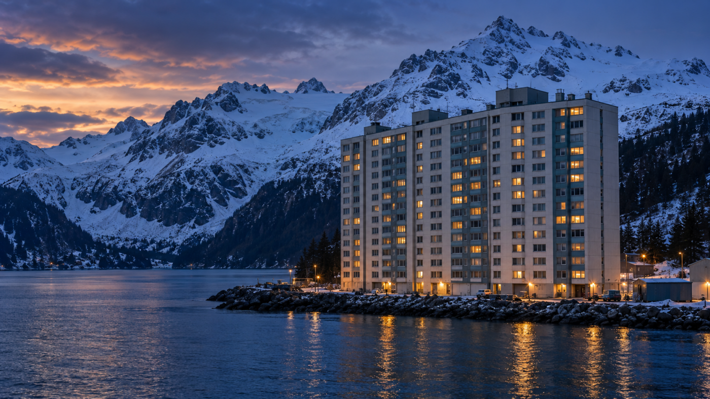 Une tour de béton pâle de quatorze étages au pied de montagnes enneigées, au bord d'un fjord d'Alaska, à la tombée du jour