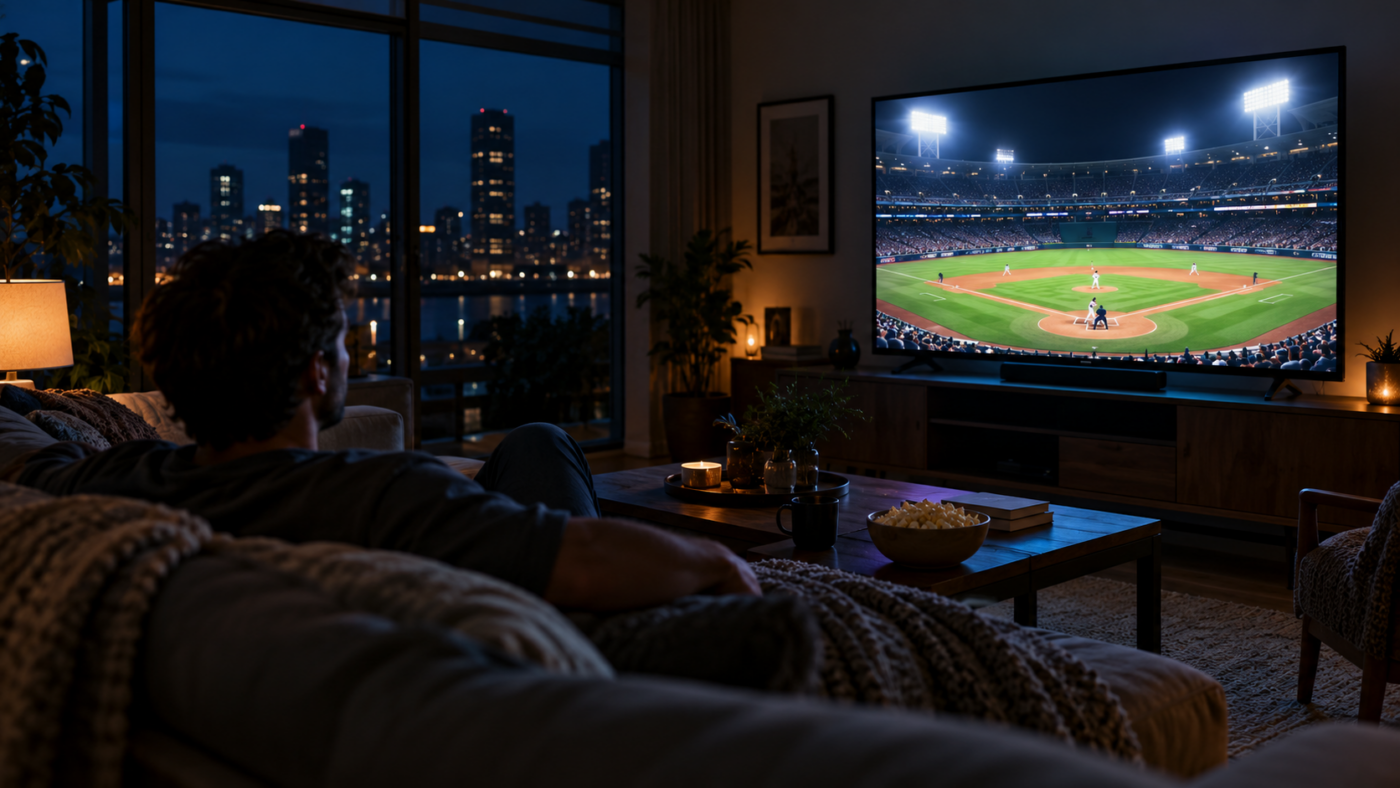Un salon plongé dans la nuit, une télévision diffuse un stade de baseball sous les projecteurs