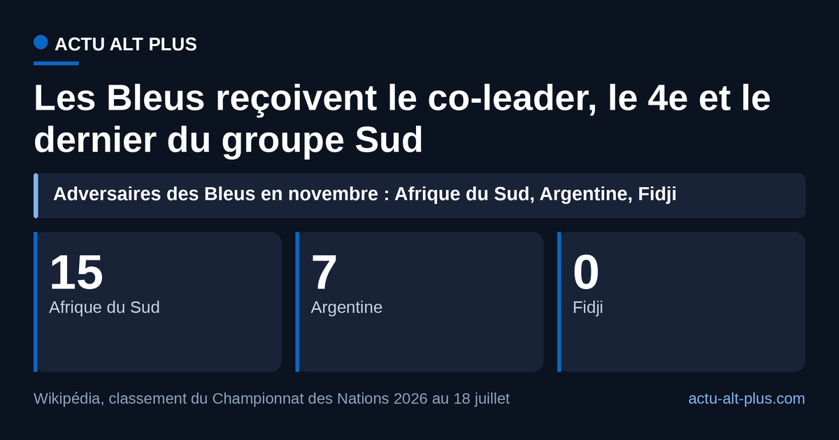 L’Afrique du Sud compte 15 points après juillet, à égalité avec la Nouvelle-Zélande, les Fidji aucun : l’automne des Bleus va du co-leader invaincu à la lanterne rouge.
