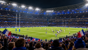 Un stade de rugby comble, illuminé un soir d’automne, tribunes en bleu