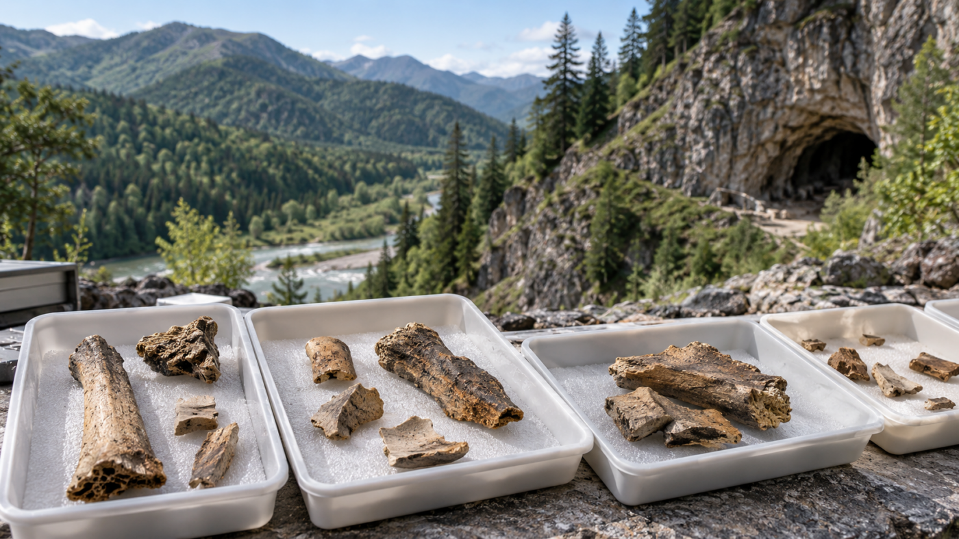 Fragments d’os anciens alignés dans des barquettes de laboratoire, avec en arrière-plan les pentes boisées de l’Altaï