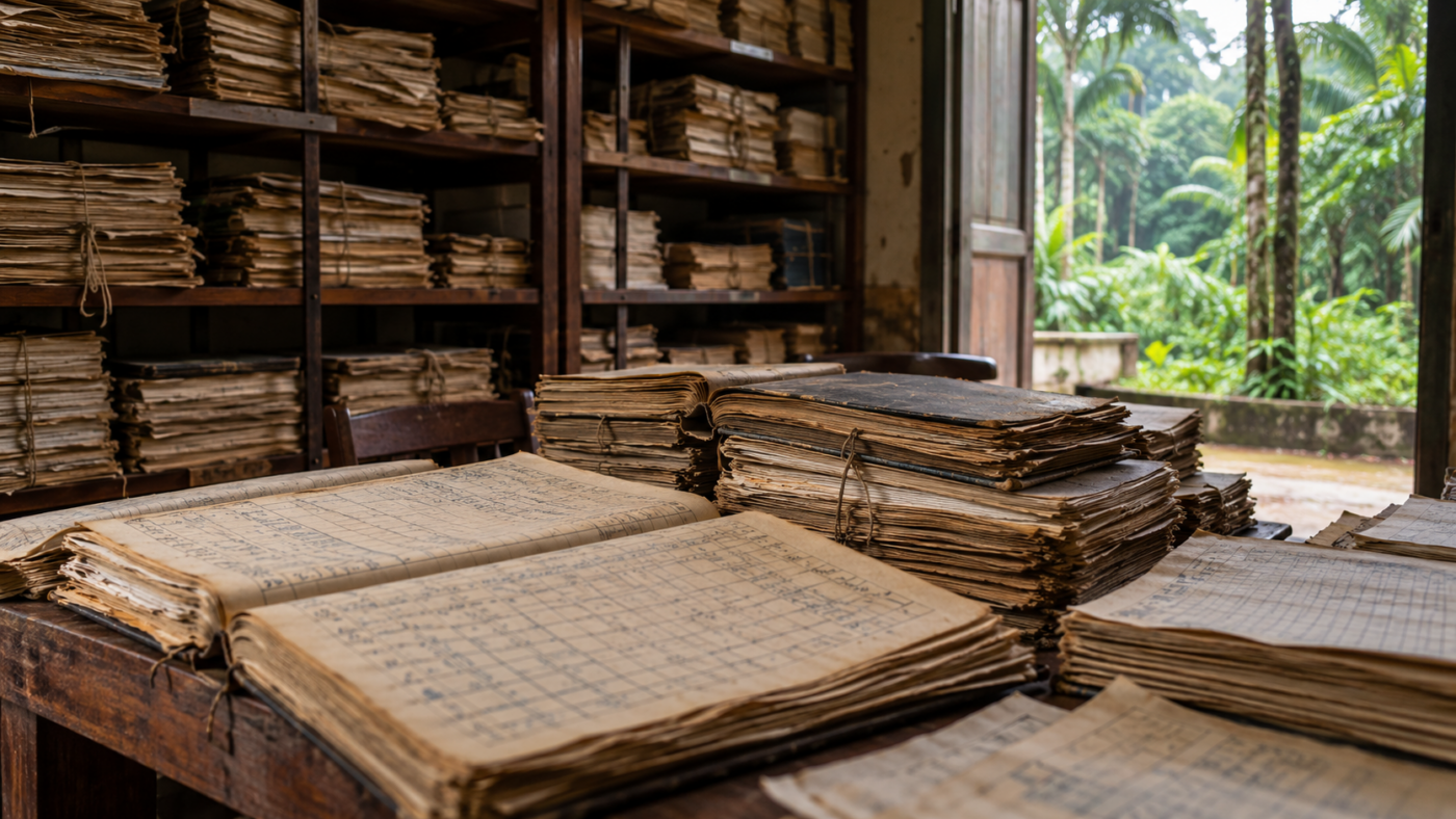 Registres météo manuscrits jaunis empilés sur des étagères ouvertes, dans une salle d'archives en lisière de forêt tropicale
