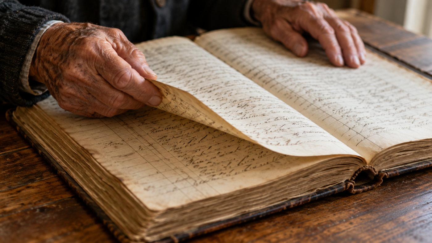Mains âgées tournant les pages d'un ancien registre d'état civil manuscrit sur une table en bois